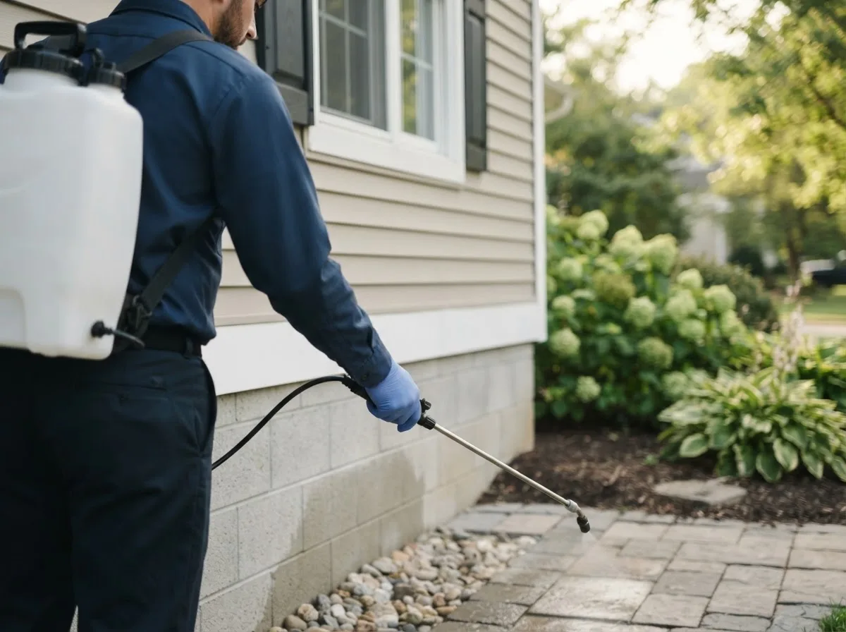 Pest control technician inspecting a home in Watersmeet, MI